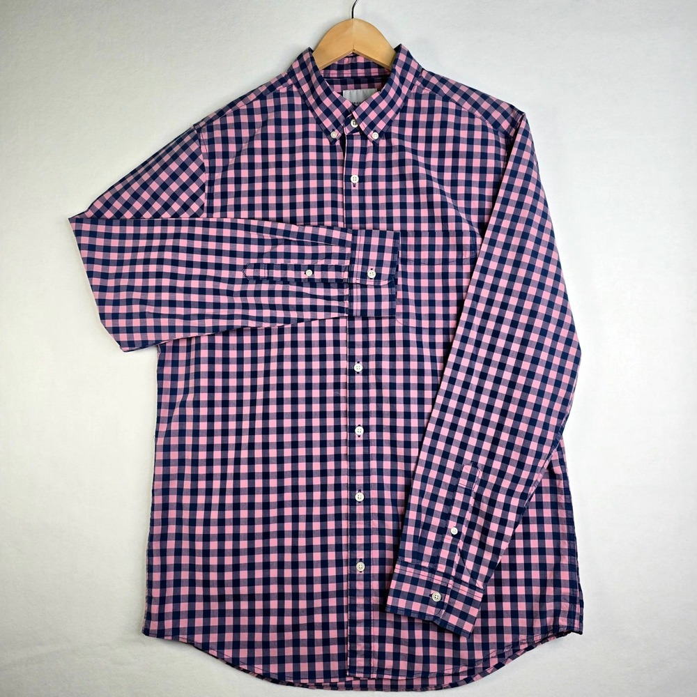 American Eagle Mens Tall LT Gingham Button Down Shirt Pink Navy Blue Long Sleeve